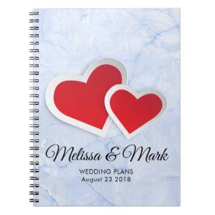 2 Red Hearts on Icy Blue Marble Wedding Plans Notebook