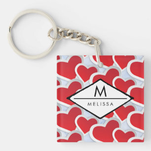 2 Red Hearts Repeating Pattern Cute Custom Keychain