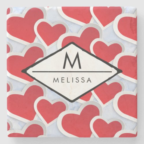 2 Red Hearts Repeating Pattern Cute Custom Stone Coaster