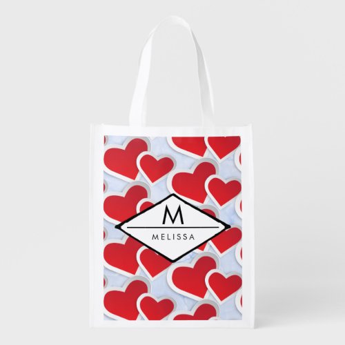 2 Red Hearts Repeating Pattern Cute Grocery Bag