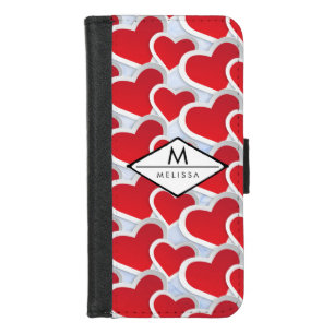 2 Red Hearts Repeating Pattern Cute iPhone 8/7 Wallet Case