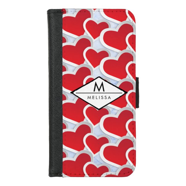 2 Red Hearts Repeating Pattern Cute iPhone Wallet Case (Front)