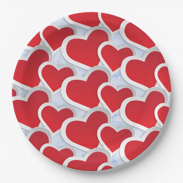 2 Red Hearts Repeating Pattern Cute Paper Plates (Front)