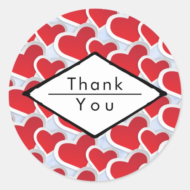 2 Red Hearts Repeating Pattern Cute Thank You Classic Round Sticker (Front)