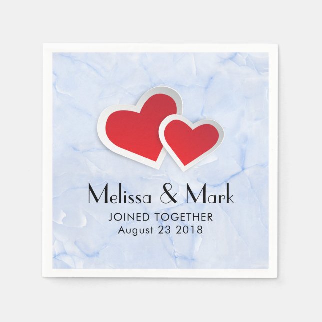2 Red Paper Hearts on Icy Blue Marble Napkins (Front)