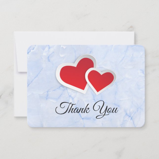 2 Red Paper Hearts on Icy Blue Marble Thank You Invitation (Front)