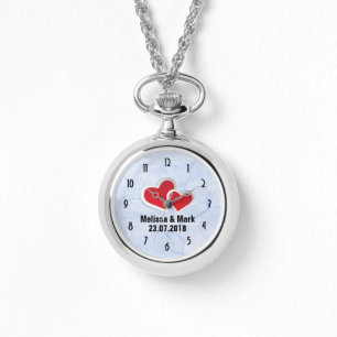 2 Red Paper Hearts on Icy Blue Marble Watch