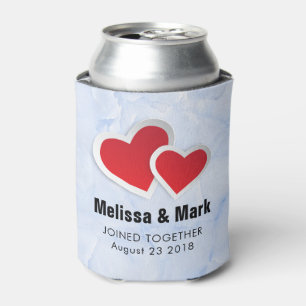 2 Red Paper Hearts on Icy Blue Marble Wedding Can Cooler