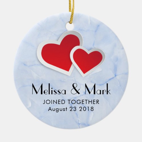 2 Red Paper Hearts on Icy Blue Marble Wedding Ceramic Ornament