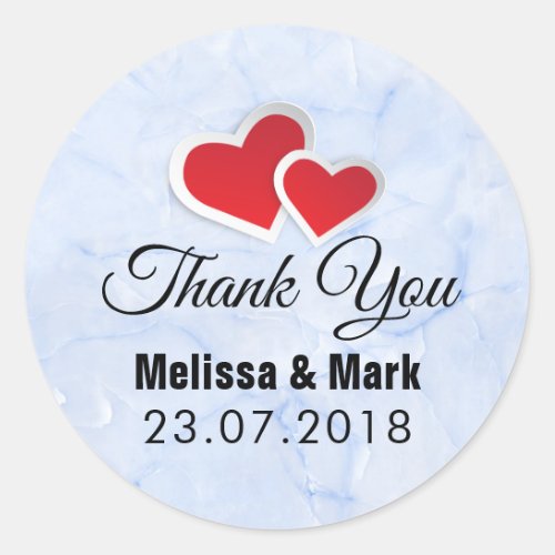 2 Red Paper Hearts on Icy Blue Marble Wedding Classic Round Sticker