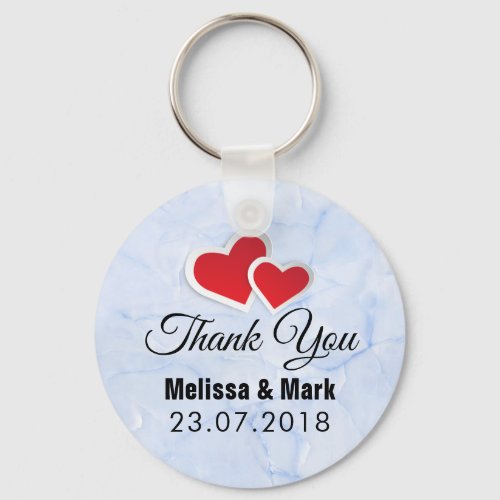 2 Red Paper Hearts on Icy Blue Marble Wedding Keychain