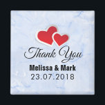 2 Red Paper Hearts on Icy Blue Marble Wedding Magnet<br><div class="desc">A wedding magnet - which says thank you or can be customized to say save the date,  or welcome etc...  Designed with an illustration of 2 paper hearts joined together - red with a white border. Set on an elegant icy blue marble background.</div>