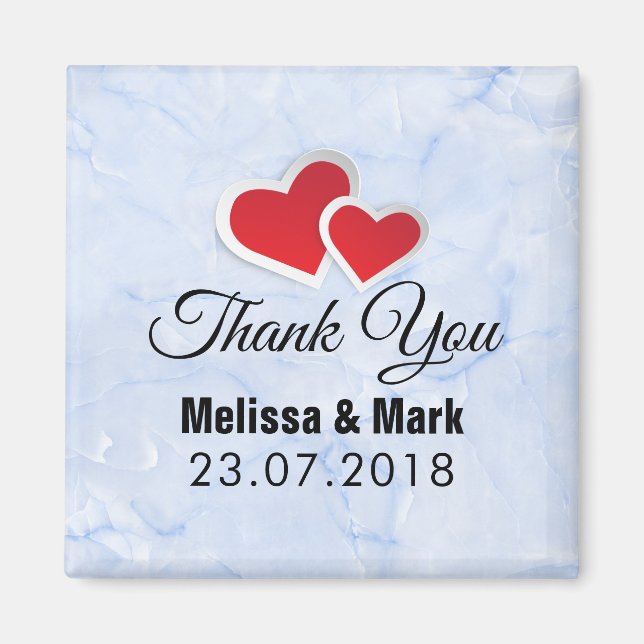 2 Red Paper Hearts on Icy Blue Marble Wedding Magnet (Front)