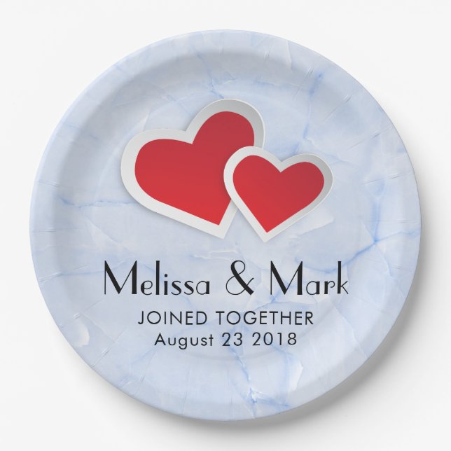 2 Red Paper Hearts on Icy Blue Marble Wedding Plates (Front)