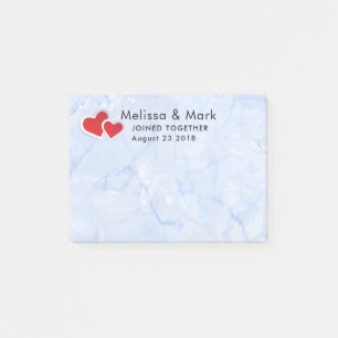 2 Red Paper Hearts on Icy Blue Marble Wedding Post-it Notes