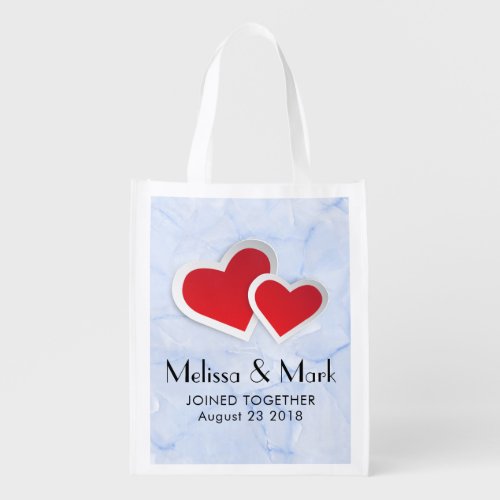 2 Red Paper Hearts on Icy Blue Marble Wedding Reusable Grocery Bag