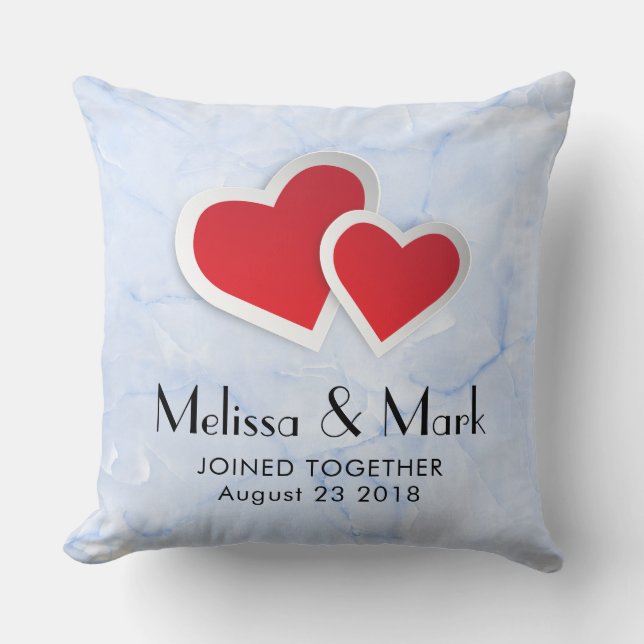 2 Red Paper Hearts on Icy Blue Marble Wedding Throw Pillow (Front)