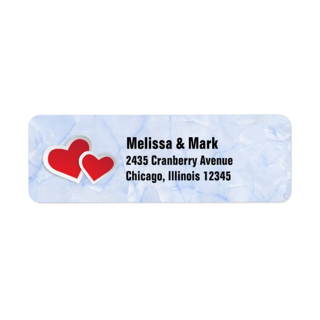 2 Red Paper Hearts on Light Blue Marble Label (Front)