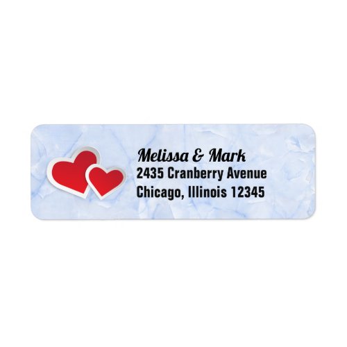 2 Red Paper Hearts on Light Blue Marble Label