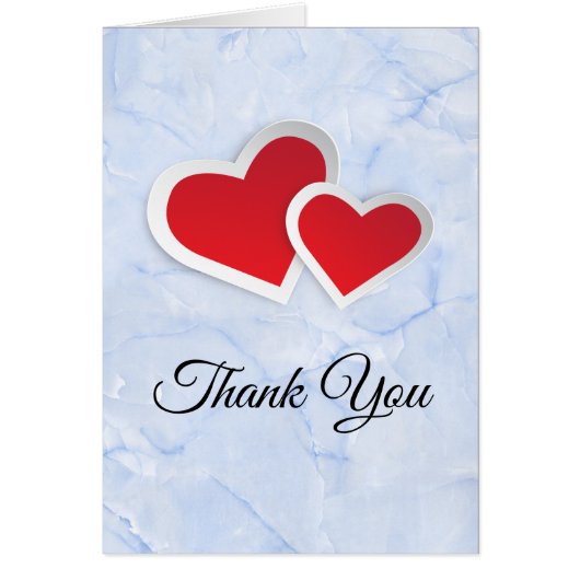 2 Red Paper Hearts on Light Blue Marble Thank You Cards (Front)
