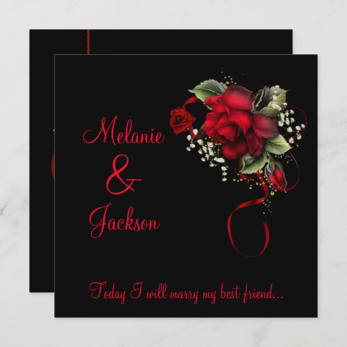2 Red Roses Ribbon Babys Breath Wedding Invitation