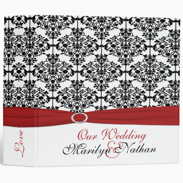2" Red, White and Black Damask Wedding Binder (Front/Spine)