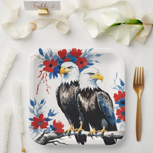 2 Regal American Bald Eagles Standing On A Branch Paper Plates (Wedding)