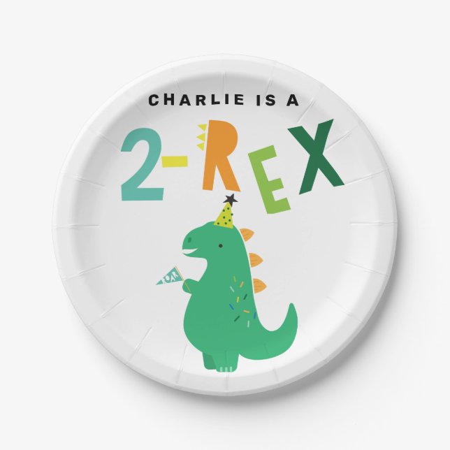 2-Rex Dinosaur 2nd Birthday party Plates (Front)