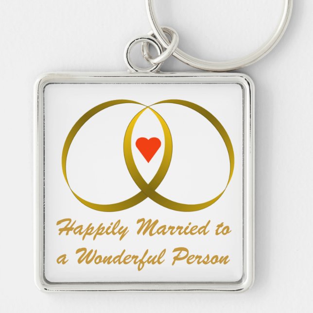 2 rings & heart, Happily Married... Keychain (Front)