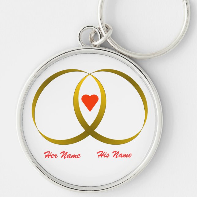 2 rings & heart, Her Name, His Name Keychain (Front)