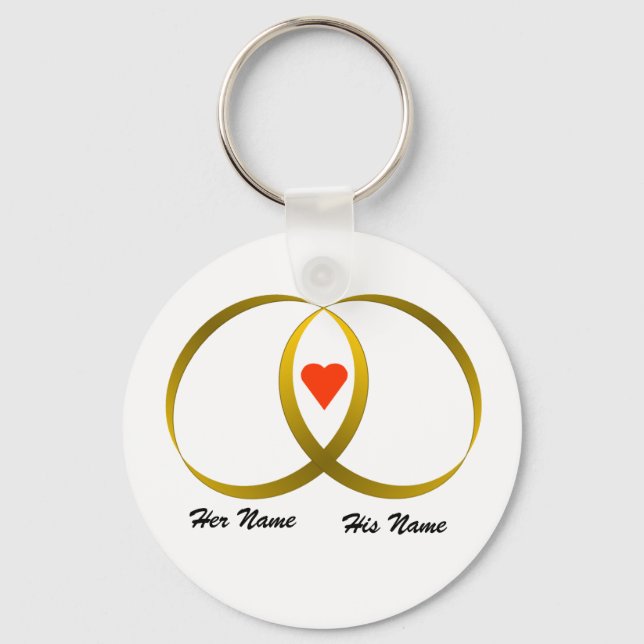 2 rings & heart, Her Name, His Name Keychain (Front)