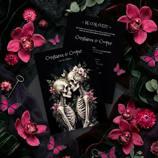 2 Romantic Gothic Human Skeletons Embracing TLW26 Invitation (Two Romantic Gothic Skeletons Embracing with Elegant Floral Arrangements Dark Romance Wedding Invite)