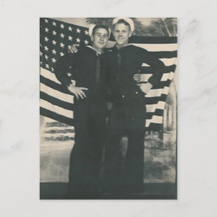 2 sailors front of flag postcard