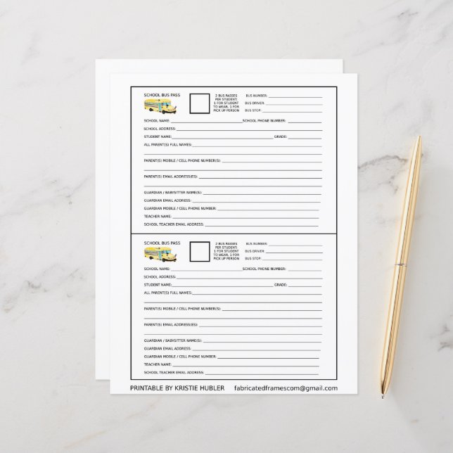 2 School Bus Passes For Students & Pick Up Person (Front/Back In Situ)