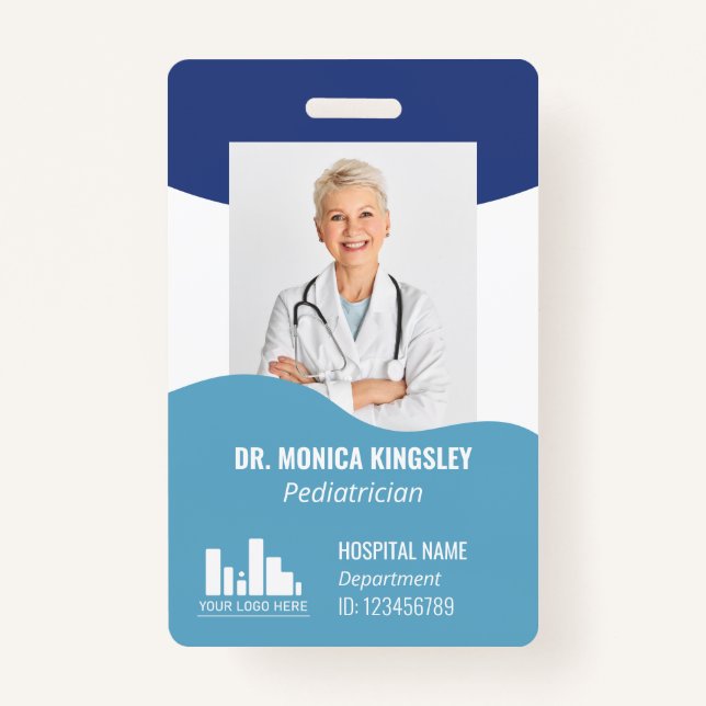 2 Shades of Blue Waves Logo & Photo Employee ID Badge (Front)
