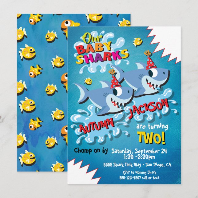 2 Sharks Baby Birthday Party invitation (Front/Back)