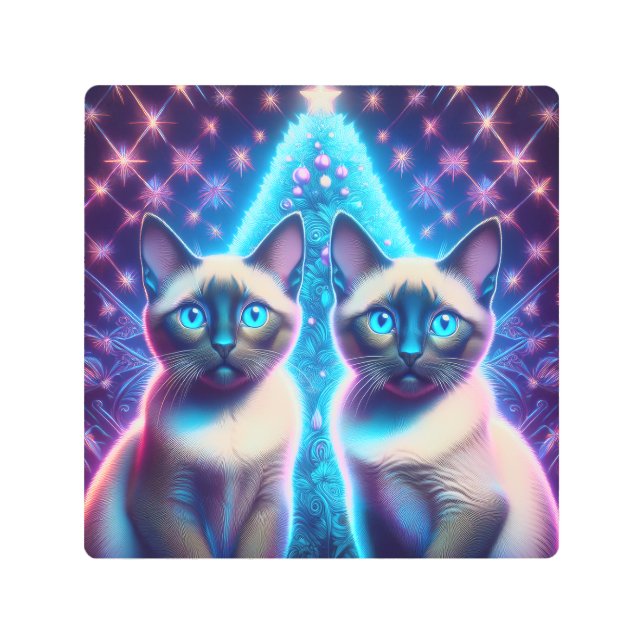 2 Siamese Kittens Posing In With Christmas Tree Metal Print (Front)