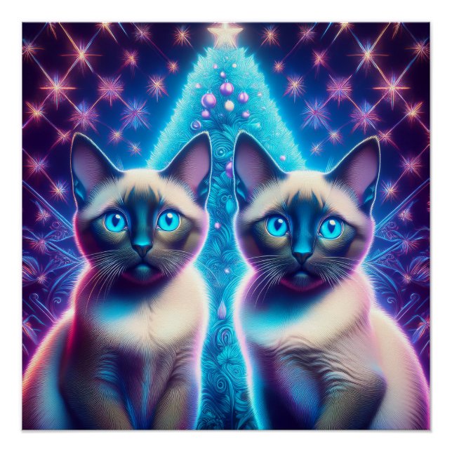 2 Siamese Kittens Posing In With Christmas Tree Poster (Front)