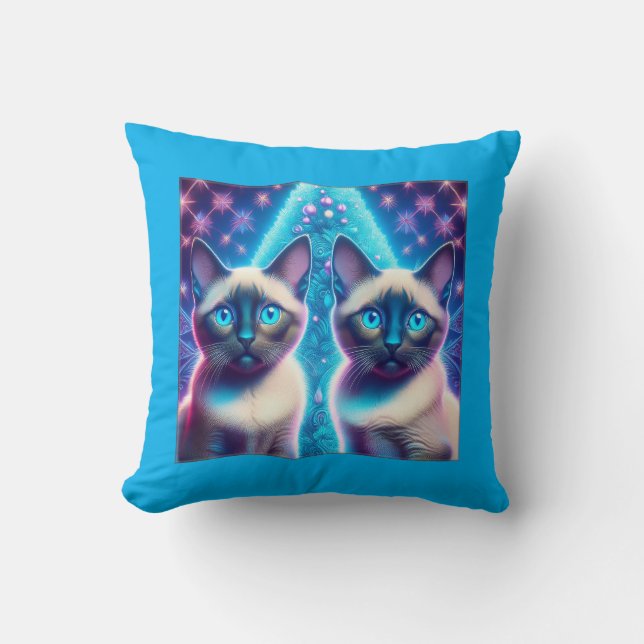 2 Siamese Kittens Posing In With Christmas Tree Throw Pillow (Front)