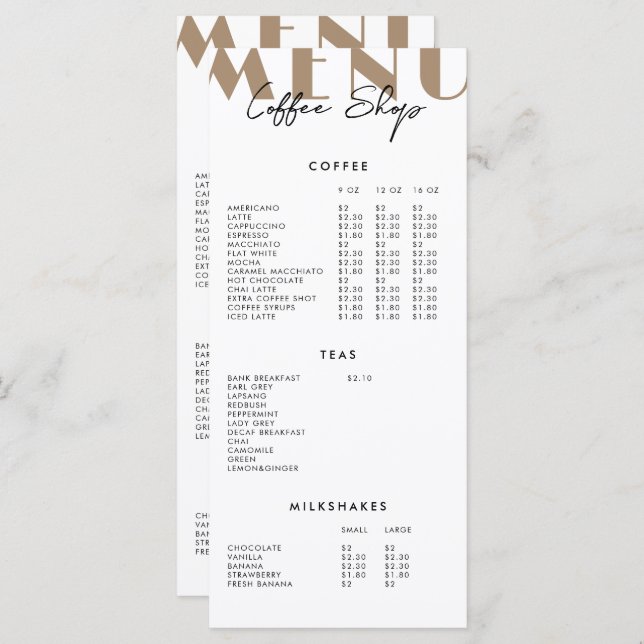 2 Side Modern Minimalist Coffee Shop Menu (Front/Back)