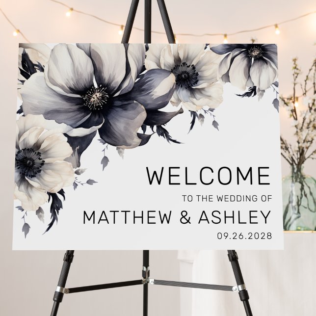 2 Side Welcome Sign Boho Black WhiteFloral Wedding (Chic Welcome Sign Boho Floral Black White Wedding)