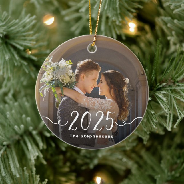 2-Sided 2025 Elegant Script Overlay Double Photo Ceramic Ornament (Tree)