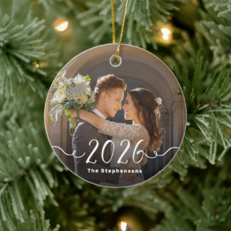 2-Sided 2026 Elegant Script Overlay Double Photo Ceramic Ornament