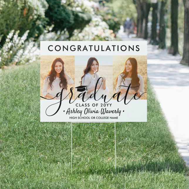 2 Sided 6 Photo Elegant Script Graduation Yard Sign | Zazzle