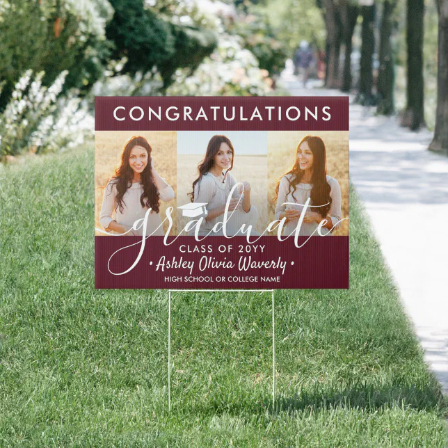 2 Sided 6 Photo Graduation Congrats Maroon Yard Sign | Zazzle