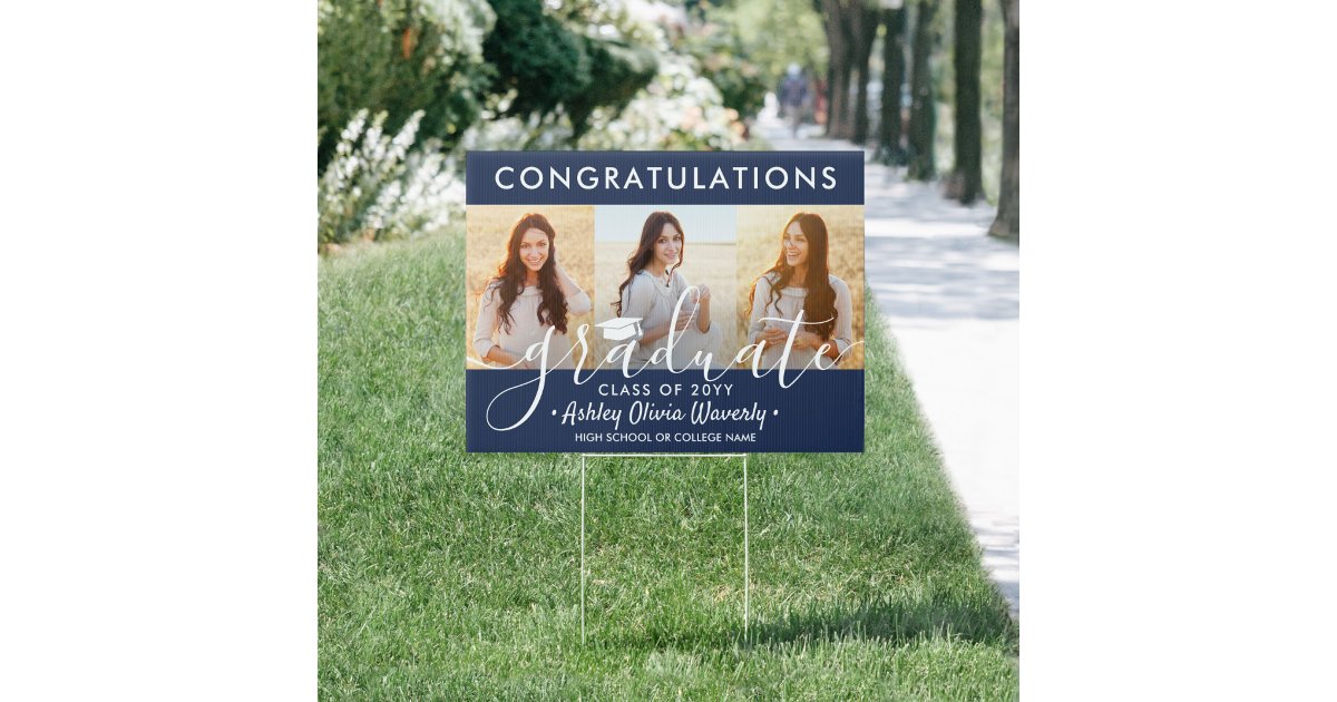 2 Sided 6 Photo Graduation Congrats Navy Blue Yard Sign | Zazzle