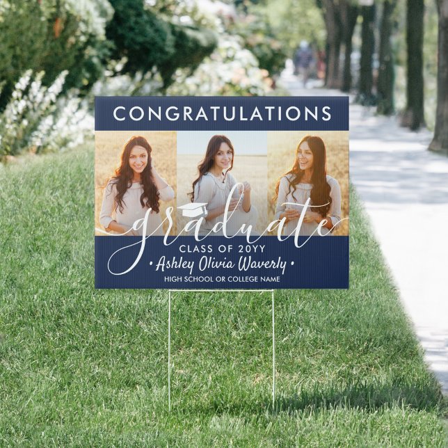 2 Sided 6 Photo Graduation Congrats Navy Blue Yard Sign (Creator Uploaded)