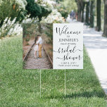 2 Sided Any Theme Bridal Shower Photo Welcome Yard Sign<br><div class="desc">Welcome guests to a stylish bridal shower celebration with an elegant custom photo outdoor lawn sign. Pictures and all text are simple to personalize, and can be different or the same on front and back. The "brunch & bubbly" party theme can easily be deleted or changed to another idea such...</div>