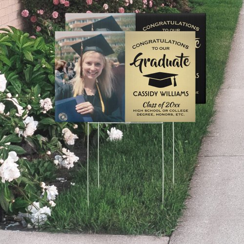 2 Sided Black Gold Faux Foil Photo Graduation Yard Sign