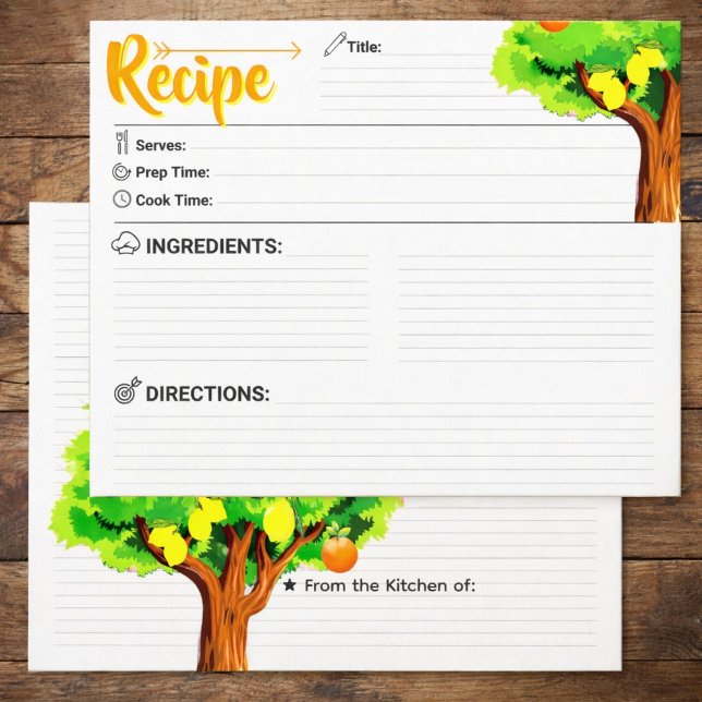 2 Sided Blank - Elegant Lemon Tree Recipe Card (watercolor lemon recipe cards, refill recipe binder sheets, handwritten recipe keepsake gift)